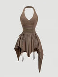 Sleeveless Ruched Halterneck Dress In Coffee Color